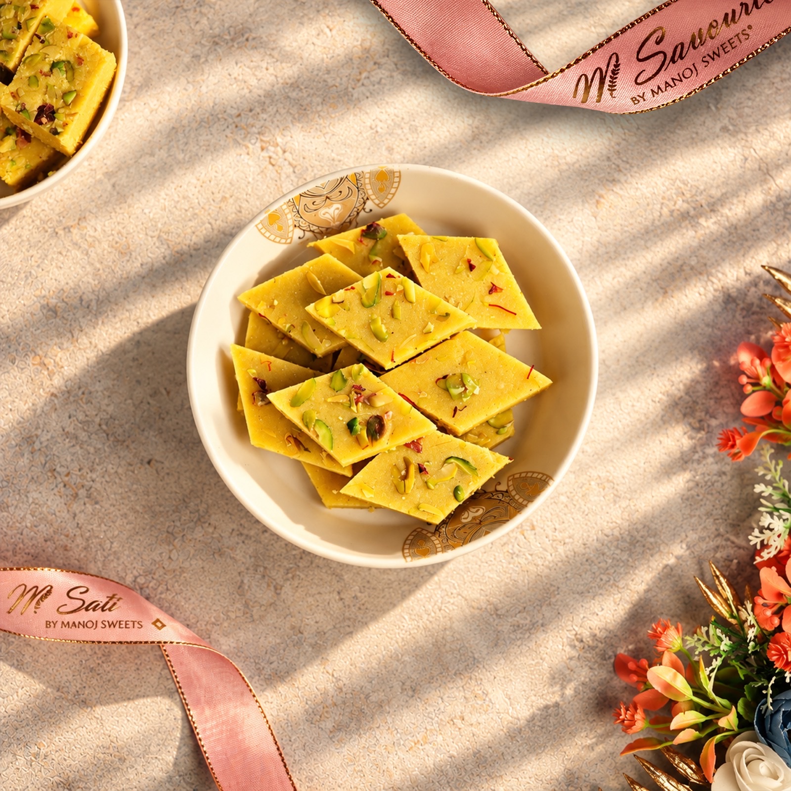 A bowl of diabetic friendly kesar katli