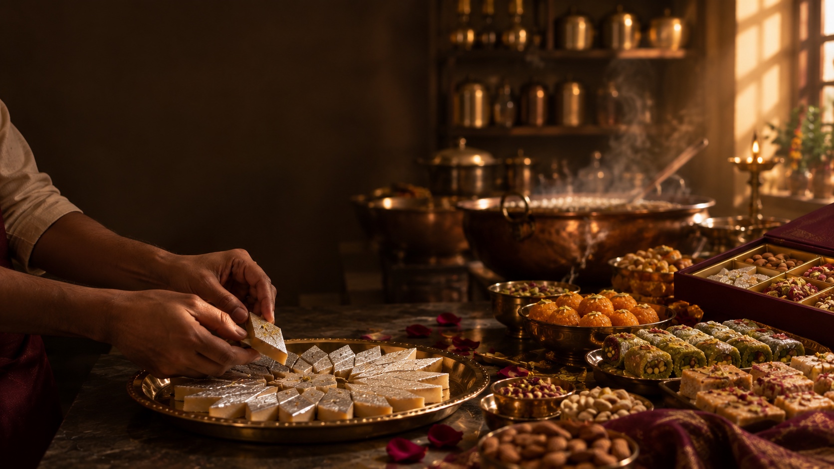 A halwai arranging silver-leaf kaju katli on a brass thali in a traditional kitchen, with copper kadhais and trays of sweets
