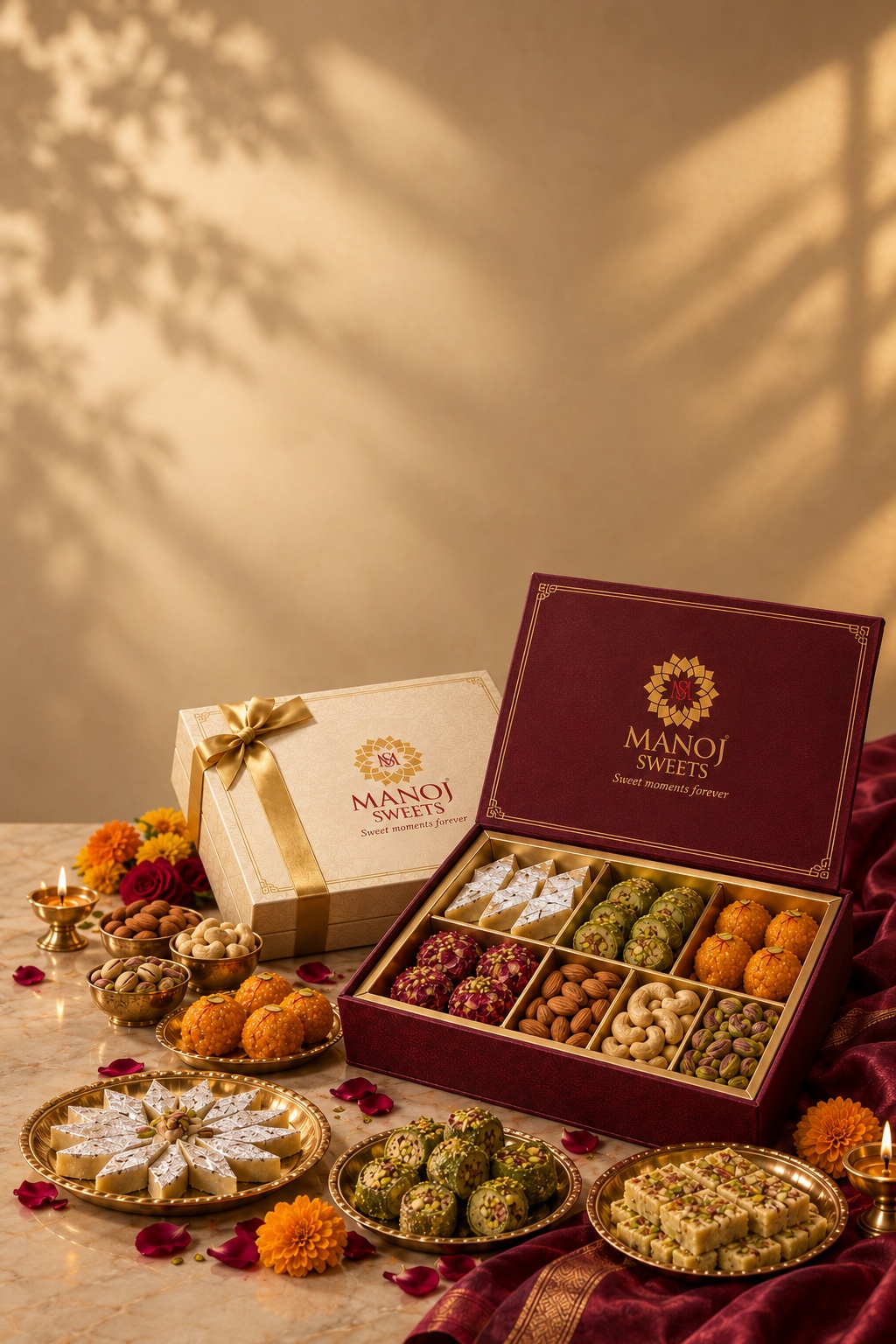 Manoj Sweets signature gift boxes — an open wine box of kaju katli, pista rolls, laddoos, rose sweets and dry fruits beside an ivory box with a gold ribbon — with thalis of mithai and brass diyas.