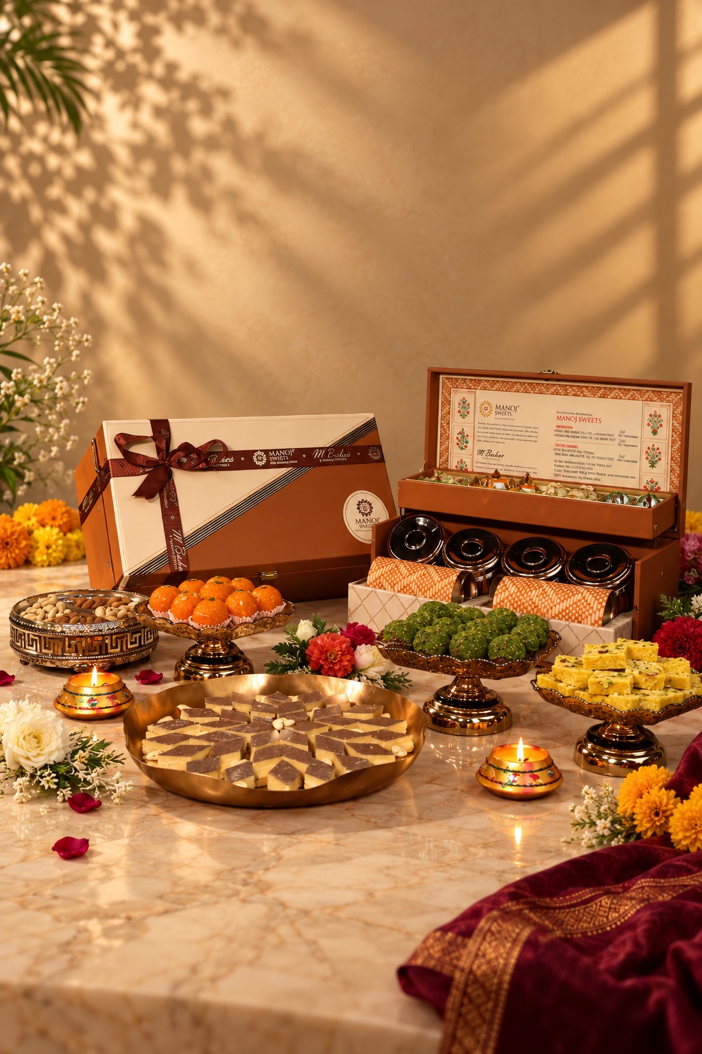 Manoj Sweets gift boxes, an ivory box tied with a maroon ribbon and an open gift trunk of sweets and jars, with dry fruits, motichoor laddus, kaju katli, pista sweets and lit diyas on a marble table.